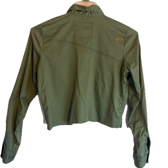 Volcom Olive Green Military Cropped Jacket Women’s Snap Front with Patches - Picture 3 of 7